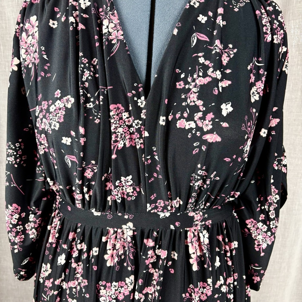 Cherry Blossom Print Dress Caftan Size 3X 26 28 Black Tie Back Whimsigoth - Picture 3 of 14